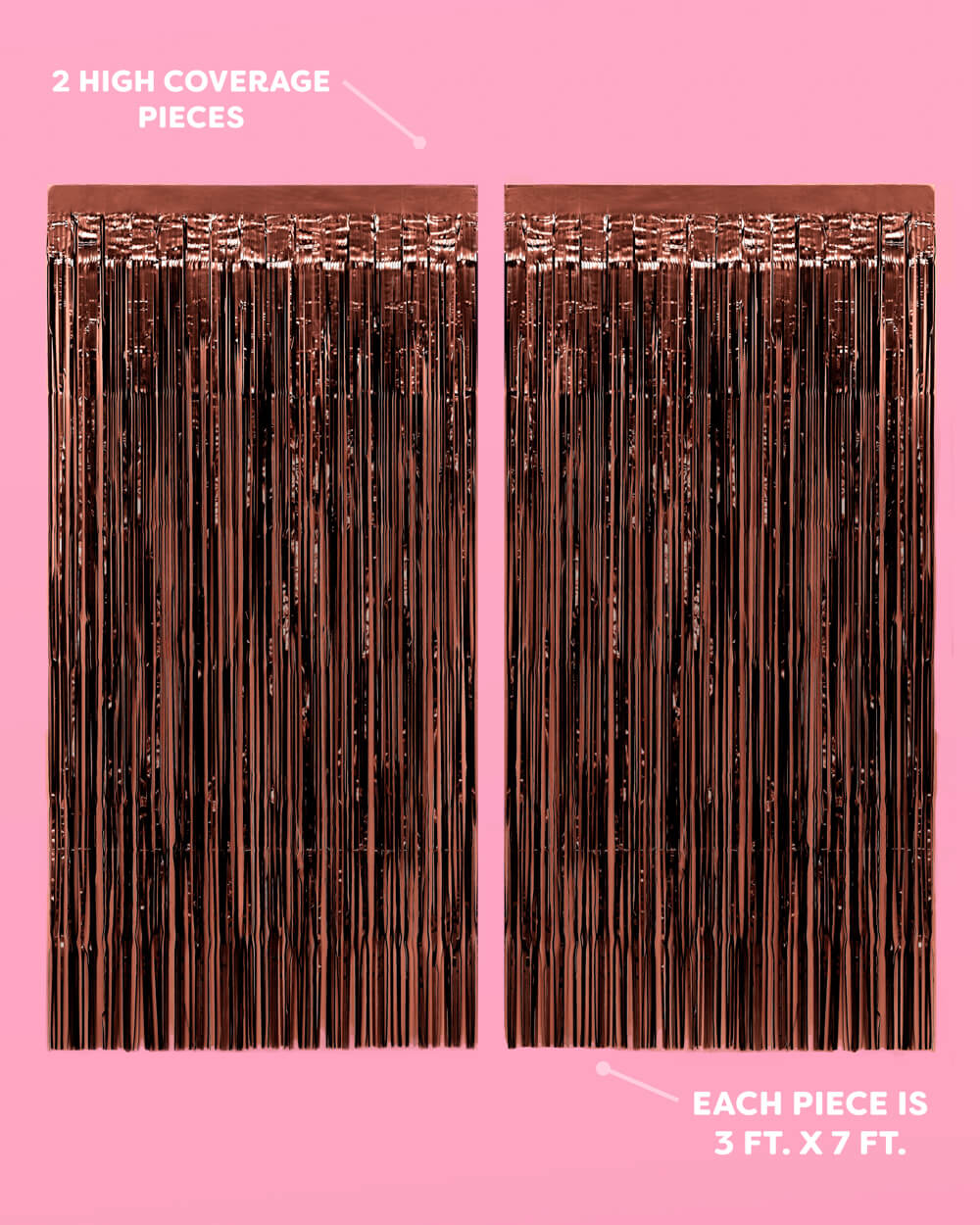Two brown fringe curtains on a pink background with text indicating size and coverage.