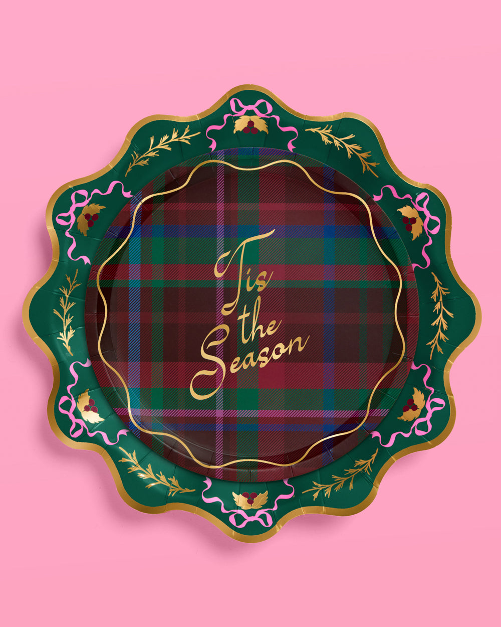 Decorative plate with plaid design and 'Tis the Season' text on a pink background