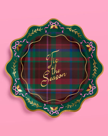 Decorative plate with plaid design and 'Tis the Season' text on a pink background