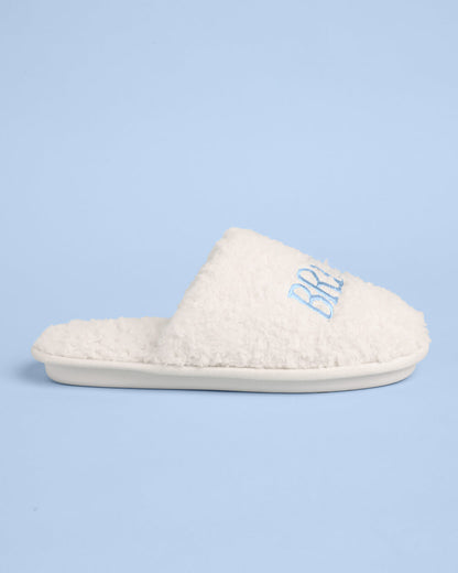 Bride Cream Faux Fur Slippers with Blue Embroidery