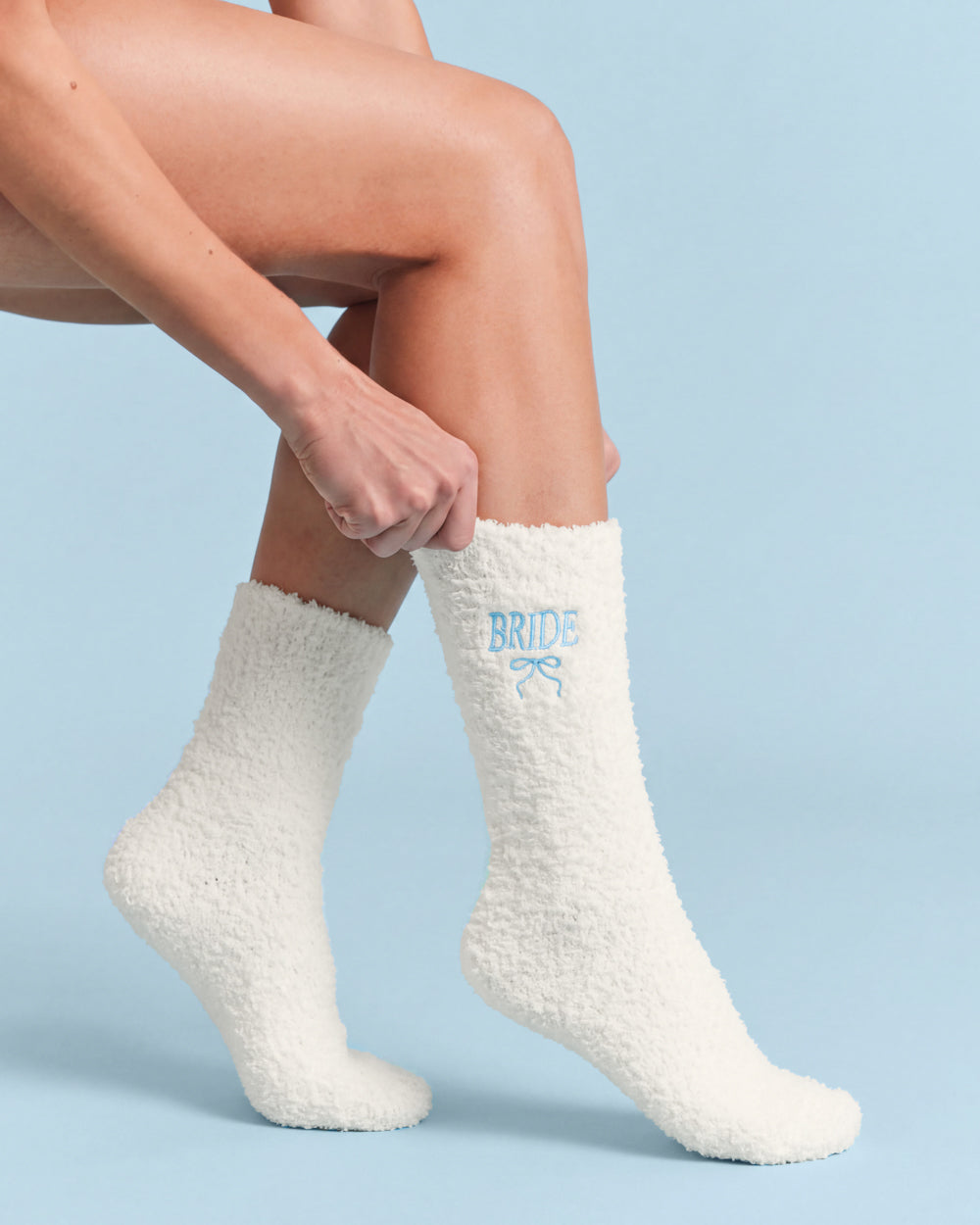Ivory Fuzzy Crew Socks with Blue Bride Embroidery and Bow