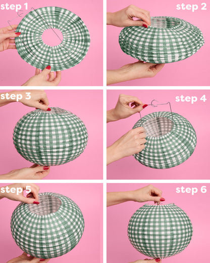 Step-by-step process of transforming a green and white checkered fabric into a spherical object on a pink background.
