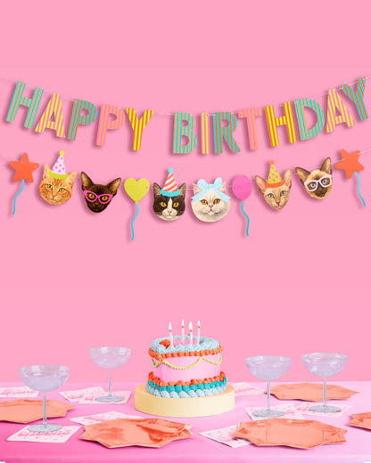 Cat Birthday Bundle - Banner, Napkins, Plates + Party Hats