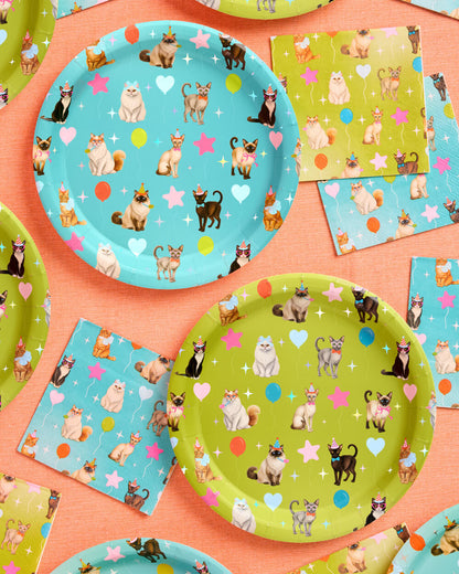 Cat Birthday Bundle - Banner, Napkins, Plates + Party Hats
