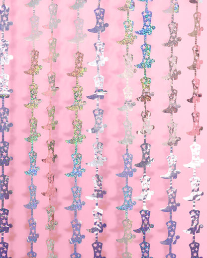 Pink Iridescent Cowgirl Boot and Foil Fringe Curtain Backdrop Pack
