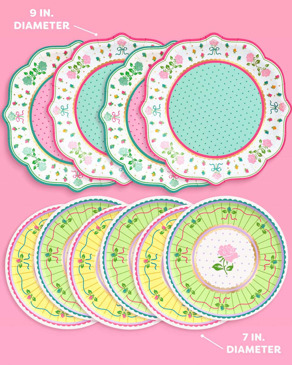 Ten floral paper plates in two sizes with scalloped edges, rose patterns, and 9 in. and 7 in. diameter labels.