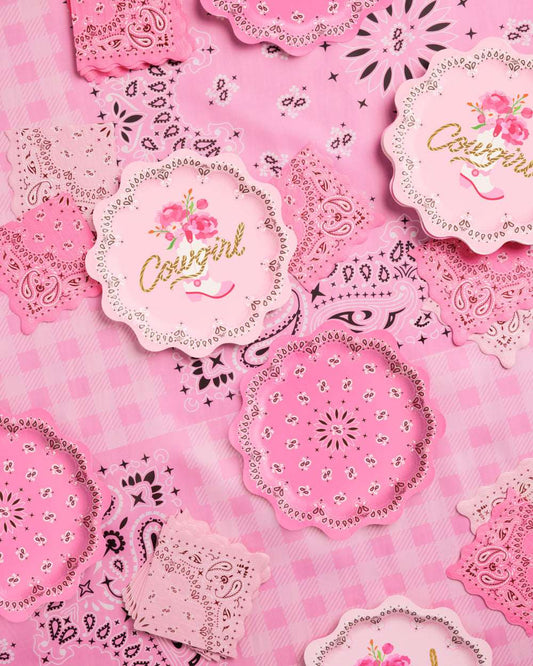 Pink bandana pattern with 'Cowgirl' text on a pink background