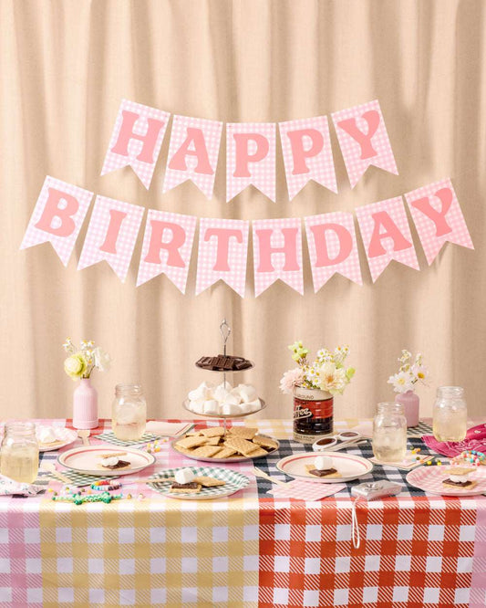 Pink Gingham Happy Birthday Banner Set, Pre-Strung 52-Inch Flags