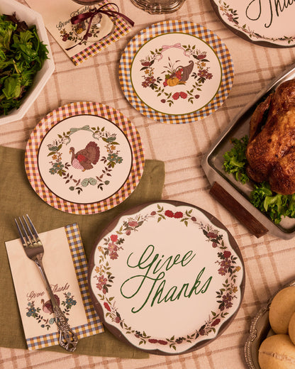Thanksgiving Harvest Paper Plates, 32 Count, Gingham Floral Design