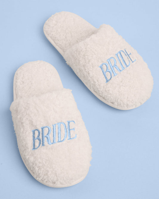 Bride Cream Faux Fur Slippers with Blue Embroidery
