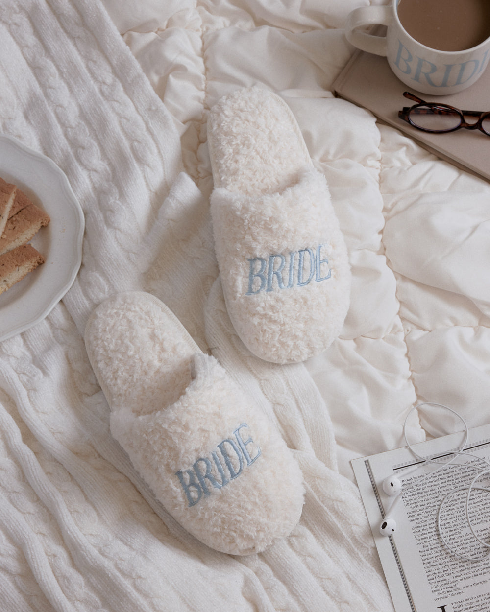 Bride Cream Faux Fur Slippers with Blue Embroidery
