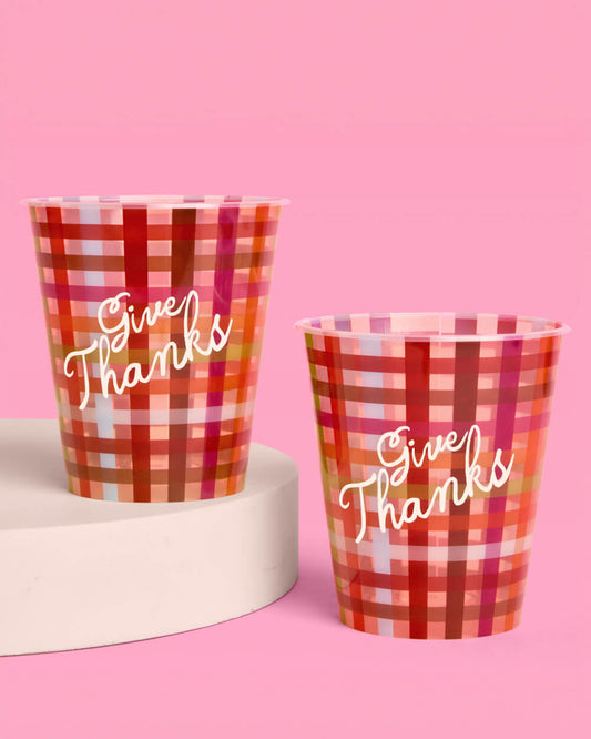 Give Thanks Plaid Reusable Plastic Fall Party Cups, 12 oz, 16 Count