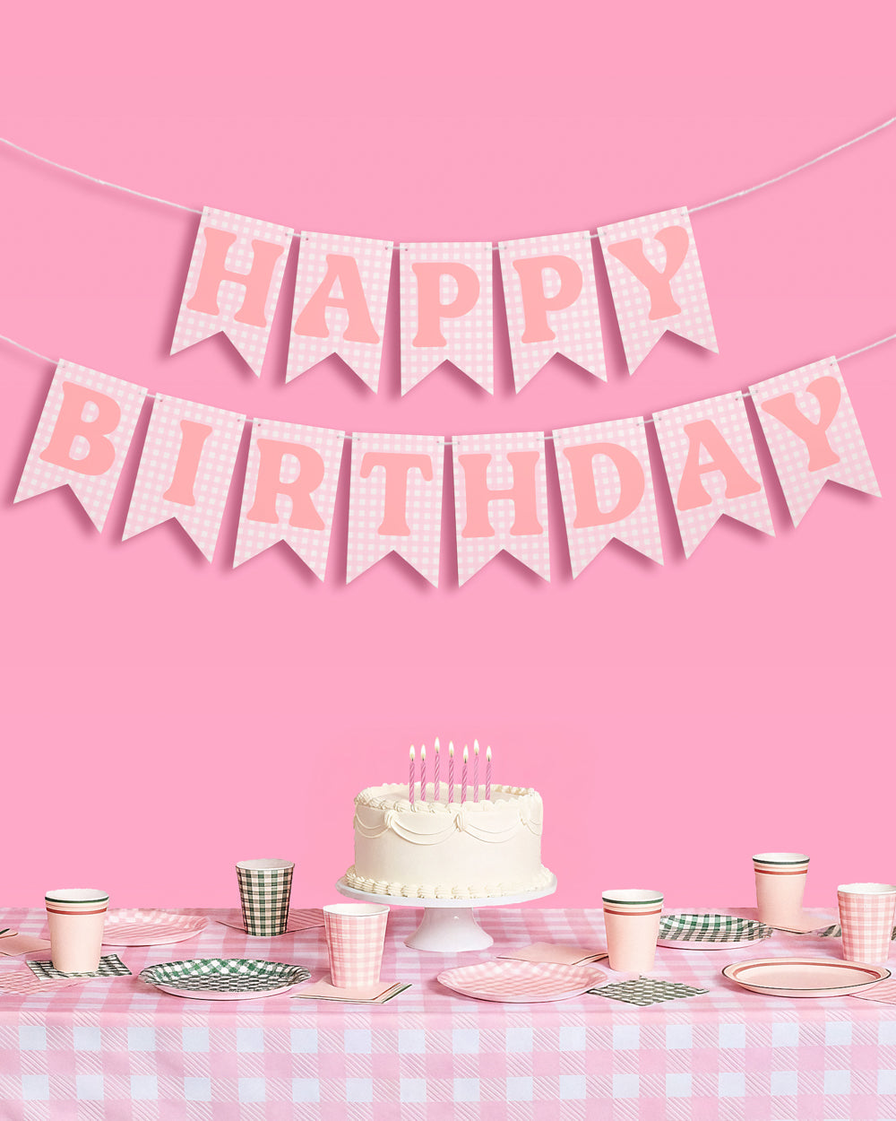 Pink Gingham Happy Birthday Banner Set, Pre-Strung 52-Inch Flags