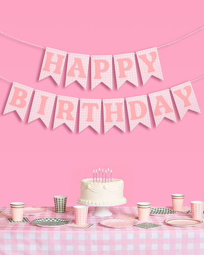 Pink Gingham Happy Birthday Banner Set, Pre-Strung 52-Inch Flags