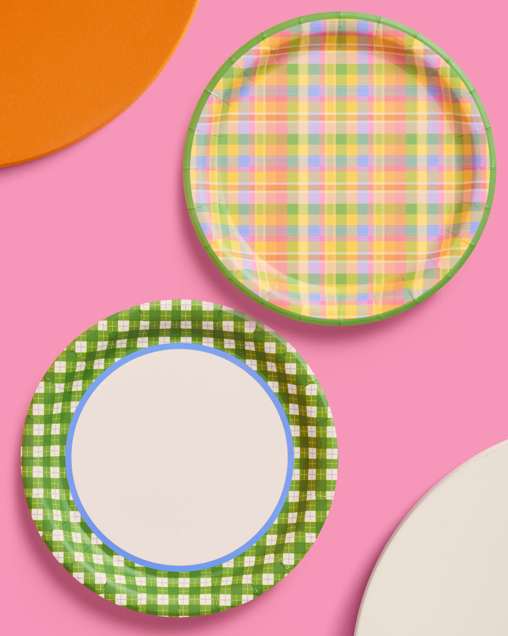 Summer Camp Gingham and Plaid Round Paper Plates, 24 Count, 9 Inch