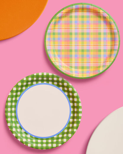 Summer Camp Gingham and Plaid Round Paper Plates, 24 Count, 9 Inch