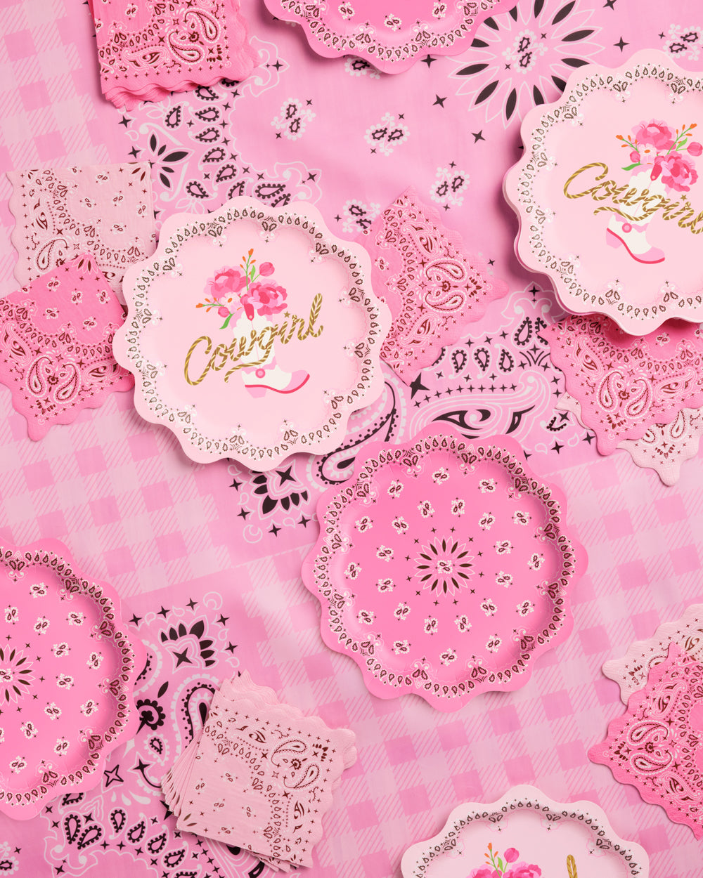 Cowgirl Trio Party Kit - Coordinating Tablecloth, Napkins, Plates