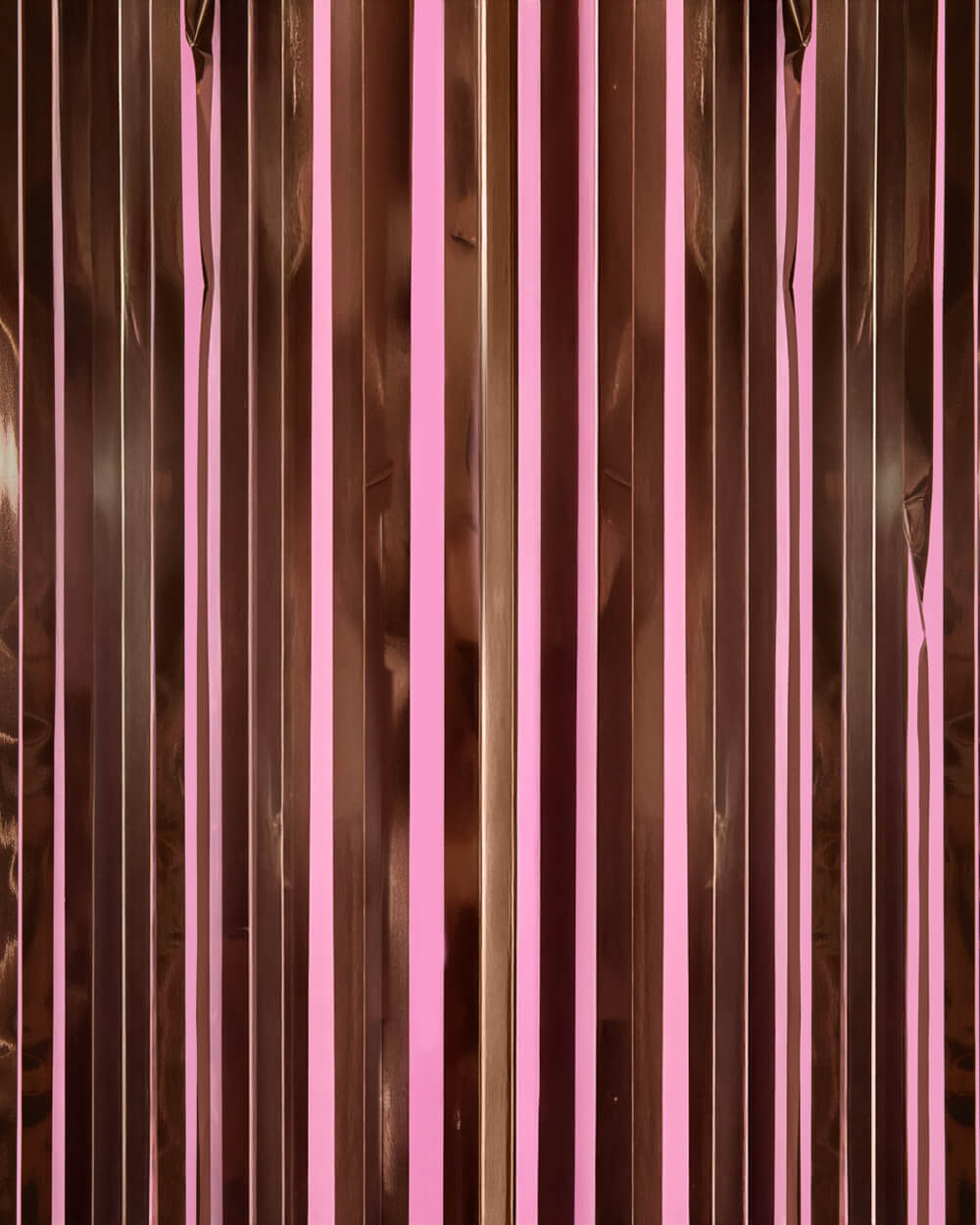 Brown curtain with pink vertical stripes