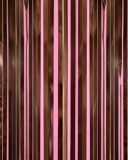 Brown curtain with pink vertical stripes