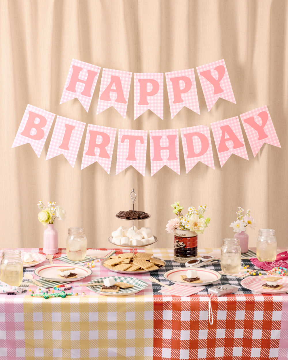 Pink Gingham Happy Birthday Banner Set, Pre-Strung 52-Inch Flags