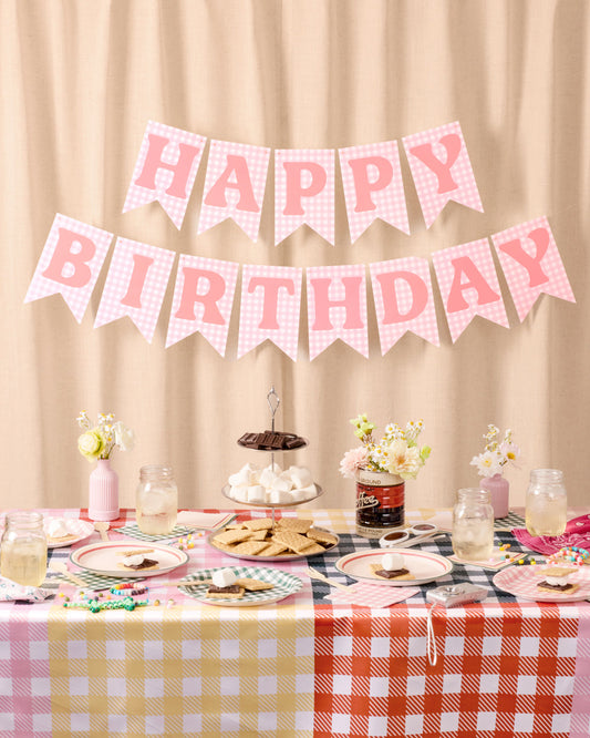Pink Gingham Happy Birthday Banner Set, Pre-Strung 52-Inch Flags