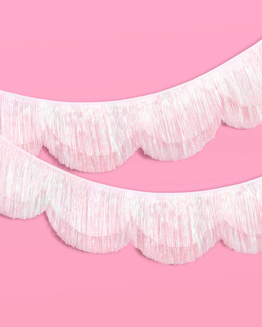 Iridescent Scallop Fringe - Layered Tinsel Banner for Bridal Shower or Engagement Party