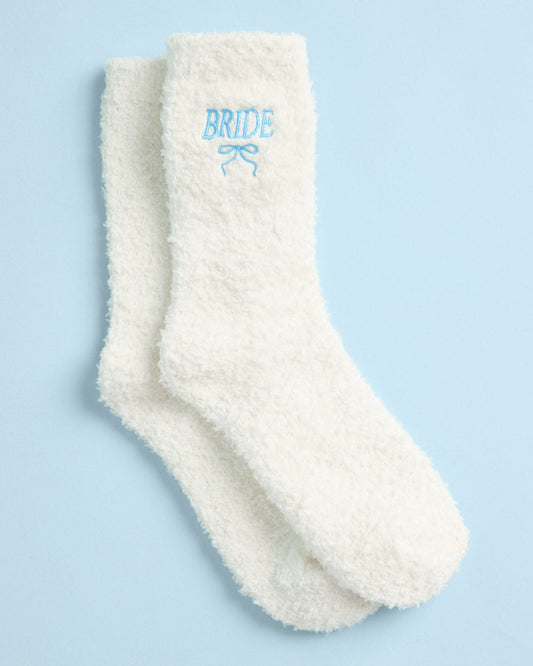Ivory Fuzzy Crew Socks with Blue Bride Embroidery and Bow