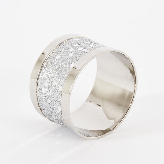 Single silver metal napkin ring with a sparkling mosaic glitter band on a white background.