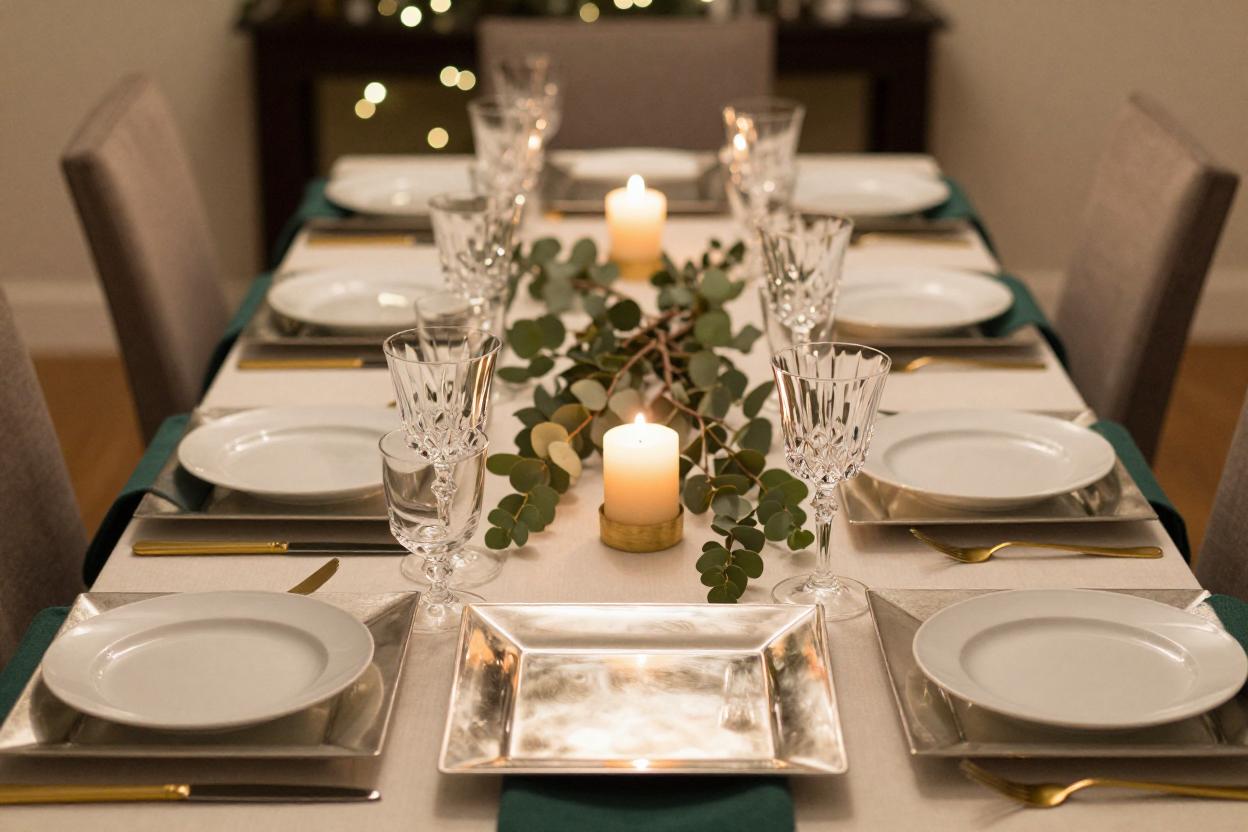 Holiday tablescape featuring silver square charger plates under white china with gold flatware and simple candles and greenery.