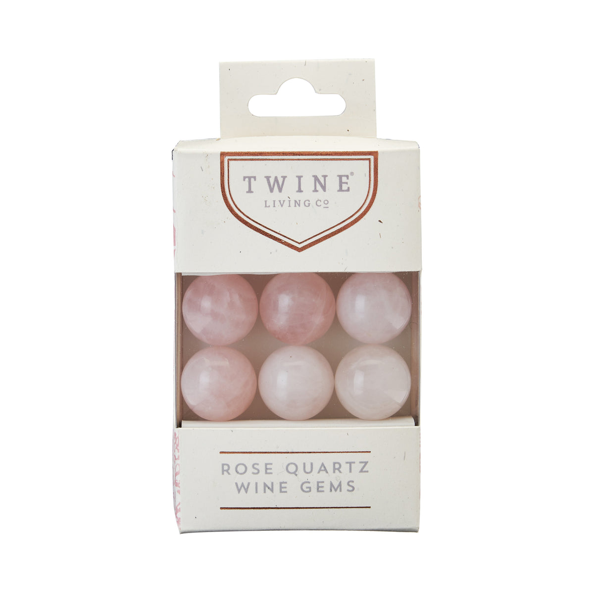 Twine Living set of six pink rose quartz wine gems in retail packaging.
