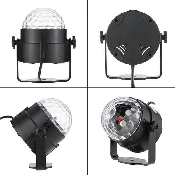 Four views of a black disco ball light on a white background