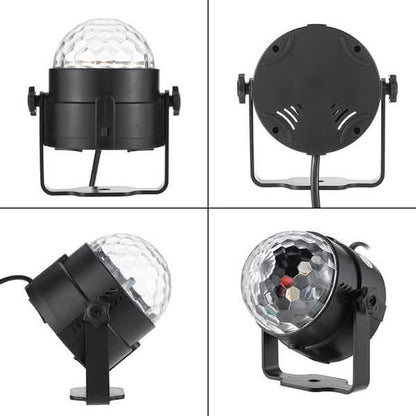 Four views of a black disco ball light on a white background