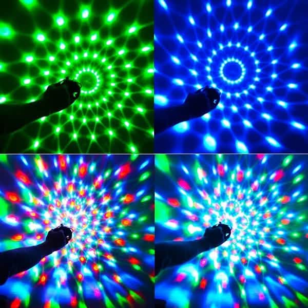 Four quadrants showing different colored disco ball effects.