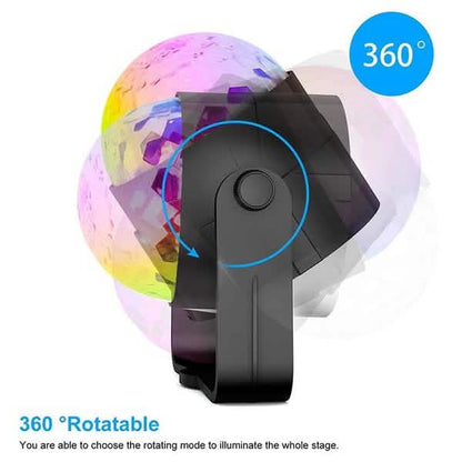 360-degree rotatable light show device with colorful sphere and black base on a white background.