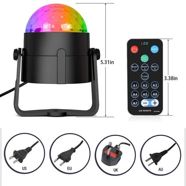 Colorful disco ball with remote control and plug compatibility icons on a white background