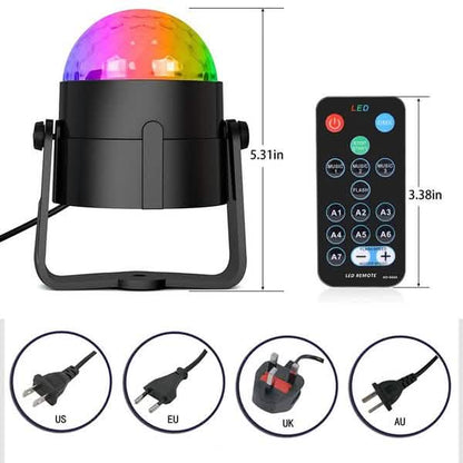 Colorful disco ball with remote control and plug compatibility icons on a white background
