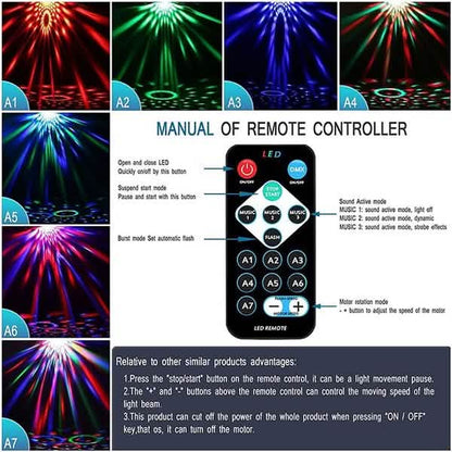 Remote controller with LED light effects and manual on a black background