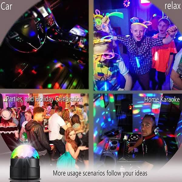Collage of images showing a disco ball in various settings like a car, party, and home karaoke.