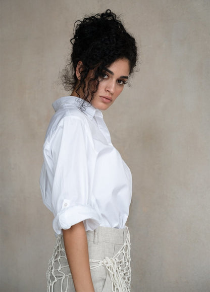 Terza Oversized Rolling-up White Cotton Shirt