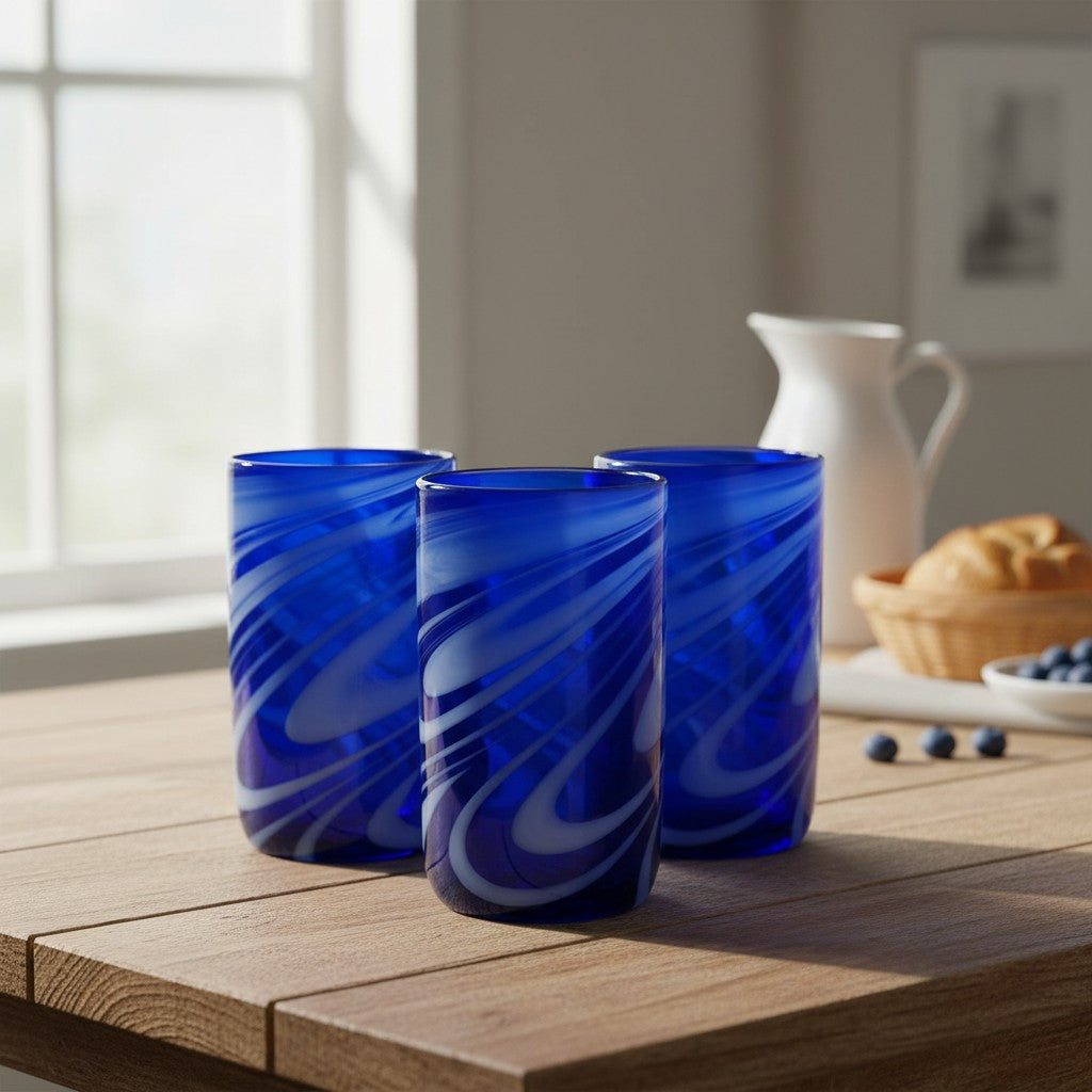Handmade Mexican Drinking Glass | Blue with White Swirl