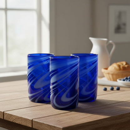Handmade Mexican Drinking Glass | Blue with White Swirl