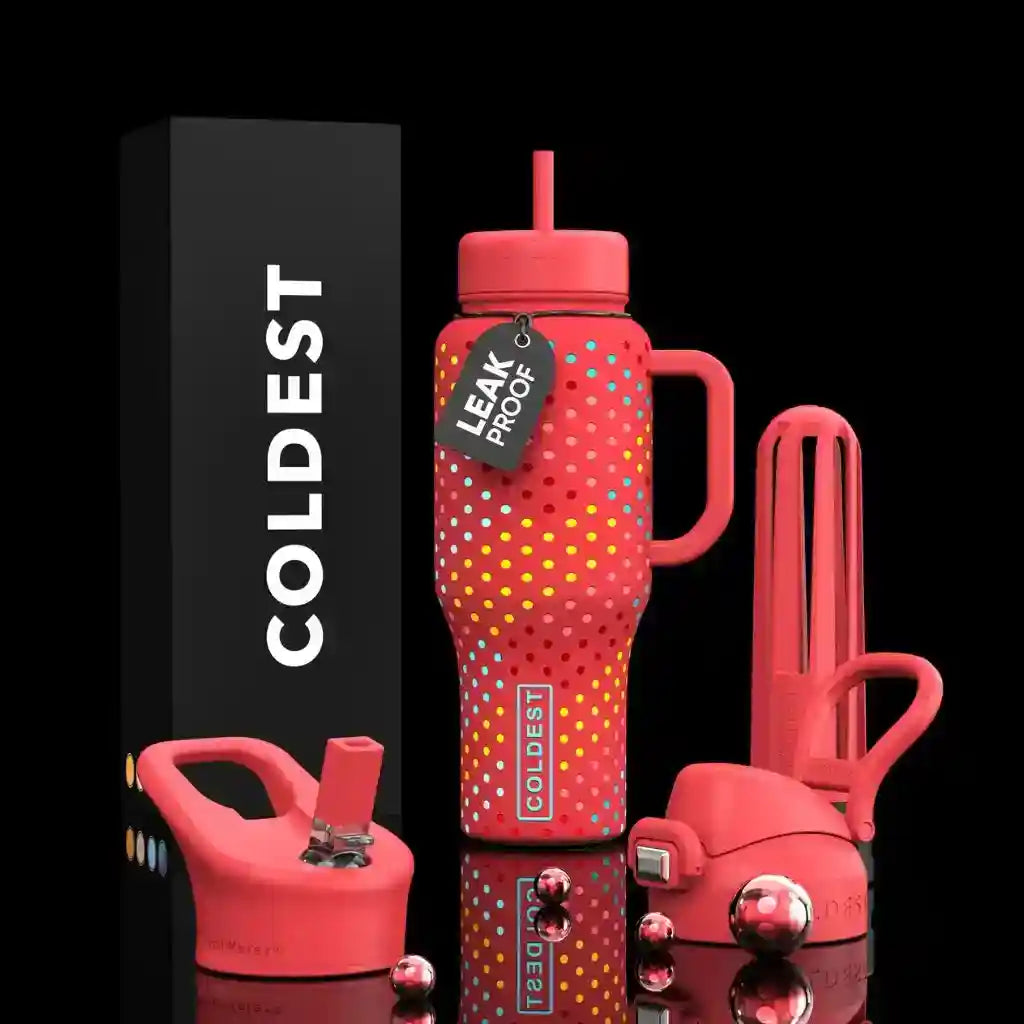 Red water bottle with accessories and 'COLDEST' branding on a black background