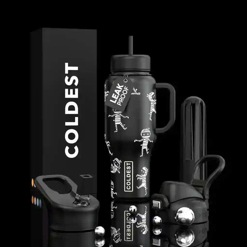 Black water bottle with skeleton design and 'COLDEST' branding on a black background