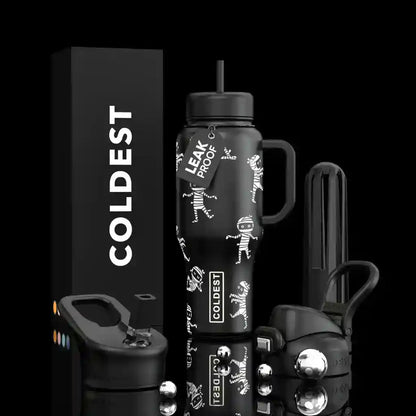 Black water bottle with skeleton design and 'COLDEST' branding on a black background