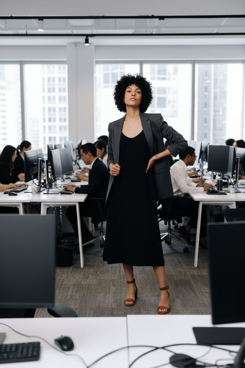 Woman wearing a black slip dress in an office with a jacket over the dress.