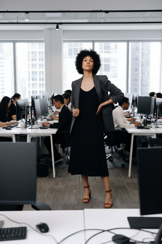 Woman wearing a black slip dress in an office with a jacket over the dress.