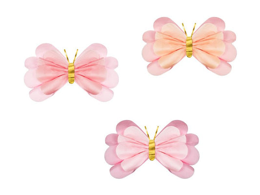 Three pink butterfly-shaped hair clips on a white background