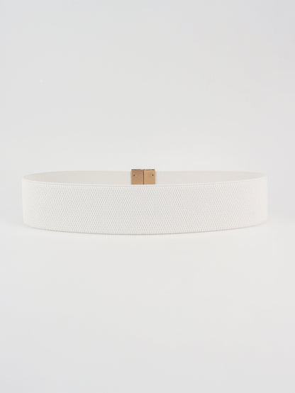 White belt with a gold buckle on a light gray background
