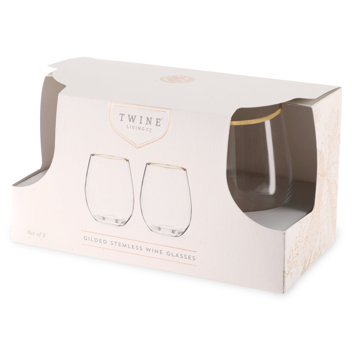 Two gilded stemless wine glasses in a Twine packaging box on a white background