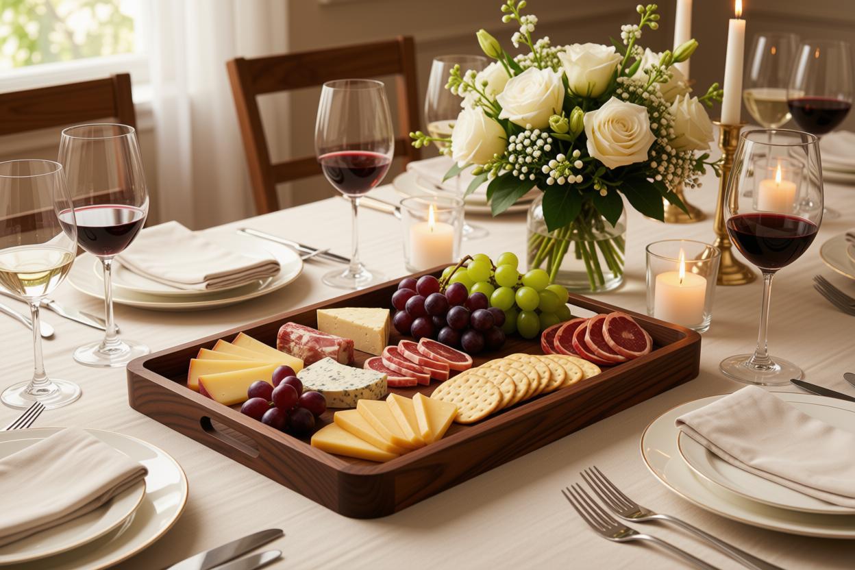 A wooden charcuterie board arranged on a dining table with cheeses, crackers, grapes, salami, and a small vase of white roses in the background. Wine glasses, plates, folded napkins, and candles are visible around it.